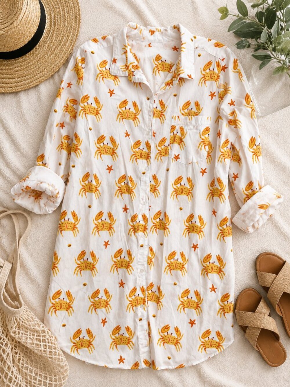 The Company Store White Long Sleeve Shirt Dress with Yellow Crab Print